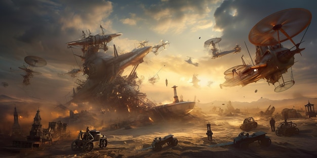 Illustrazione AI generativa della scena di battaglia con le navi nell'oceano