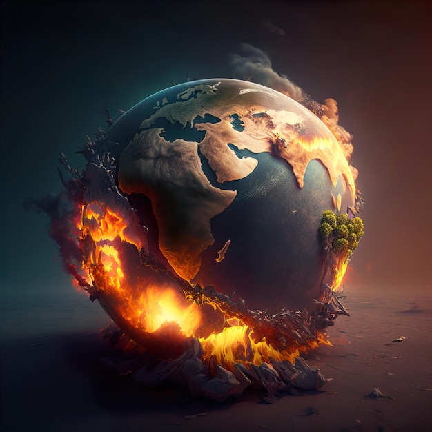 Illustrazione AI generativa delle fiamme del fuoco che bruciano la Terra dopo il riscaldamento globale su sfondo nero