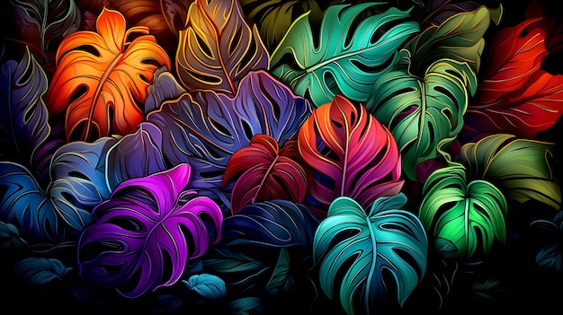 Illustrazione AI generativa delle foglie al neon di Monstera deliciosa che crescono nella foresta tropicale