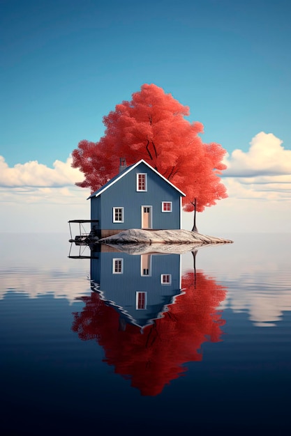 Illustrazione AI generativa dello sfondo del paesaggio con una casa colorata sul lago dei paesi nordici con colori invernali e freddi Natura selvaggia