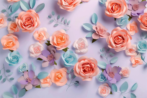 Illustrazione AI generativa dello sfondo di colori pastello di fiori rosa con petali delicati visti dall'alto con spazio per la copia