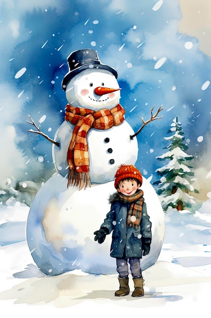 Illustrazione AI generativa dello sfondo di un pupazzo di neve che gioca con un bambino in una giornata invernale innevata Stile di illustrazione dell'arte digitale Concetto di Natale