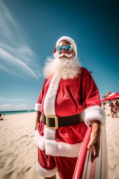 Illustrazione AI generativa di Babbo Natale che indossa occhiali da sole che navigano su una spiaggia in una giornata di sole concetto di natale