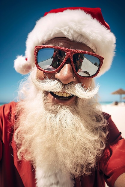 Illustrazione AI generativa di Babbo Natale con gli occhiali da sole che prendono un selfie su una spiaggia in una giornata di sole nei giorni di Natale