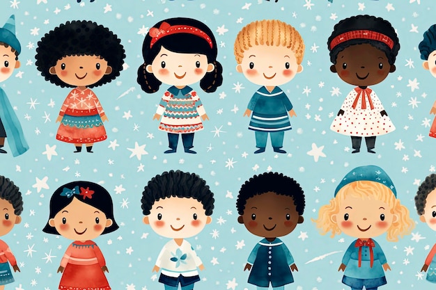 Illustrazione AI generativa di bambini multirazziali felici su sfondi colorati Stile illustrazione Arte digitale