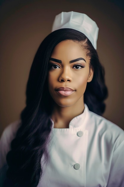 Illustrazione AI generativa di bella giovane donna nera vestita da cuoco che mostra il cibo in mano