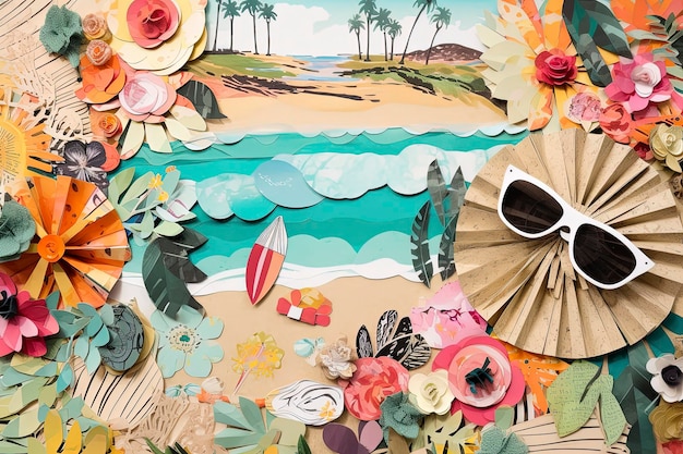 Illustrazione AI generativa di Cool collage alla moda dell'estate in spiaggia fatto a mano su carta scrapbook con colori vivaci