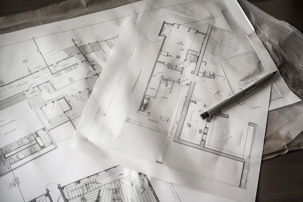 Illustrazione AI generativa di disegni di piani architettonici schizzi a matita texture di carta pagine di libri planimetrie