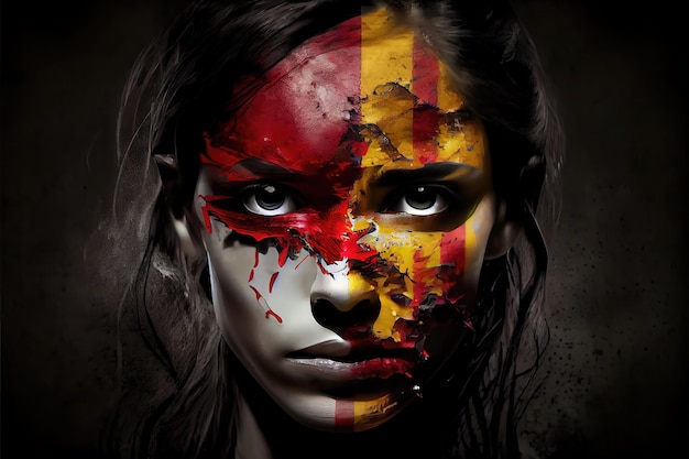 Illustrazione AI generativa di donna con volto dipinto nella bandiera spagnola
