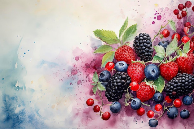 Illustrazione AI generativa di frutti boschivi sani mirtilli mirtilli frutti di bosco ribes ribes in stile di illustrazione a colori vivaci cibo sano
