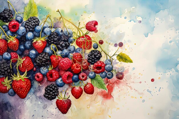 Illustrazione AI generativa di frutti boschivi sani mirtilli mirtilli frutti di bosco ribes ribes in stile di illustrazione a colori vivaci cibo sano