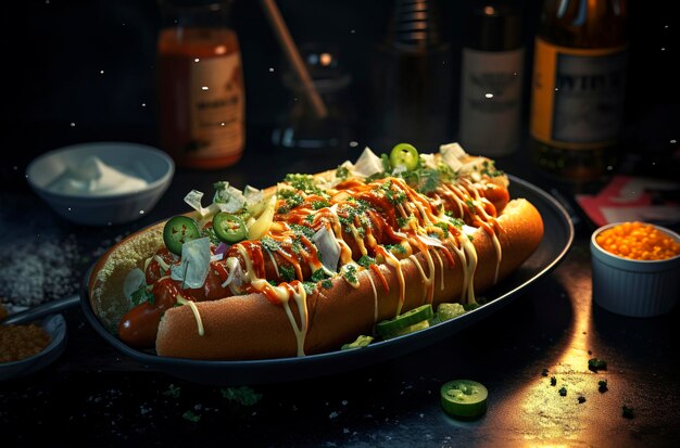 Illustrazione AI generativa di hot dog con salsa di bufala con maionese in stile ranch e fast food di cetrioli sottaceto