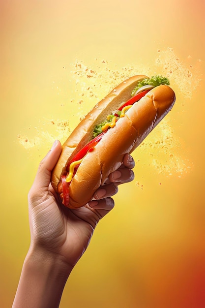 Illustrazione AI generativa di hot dog con senape e ketchup tenuto da una mano su sfondo colorato