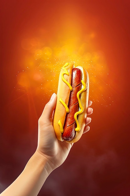 Illustrazione AI generativa di hot dog con senape e ketchup tenuto da una mano su sfondo colorato