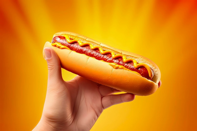 Illustrazione AI generativa di hot dog con senape e ketchup tenuto da una mano su sfondo colorato