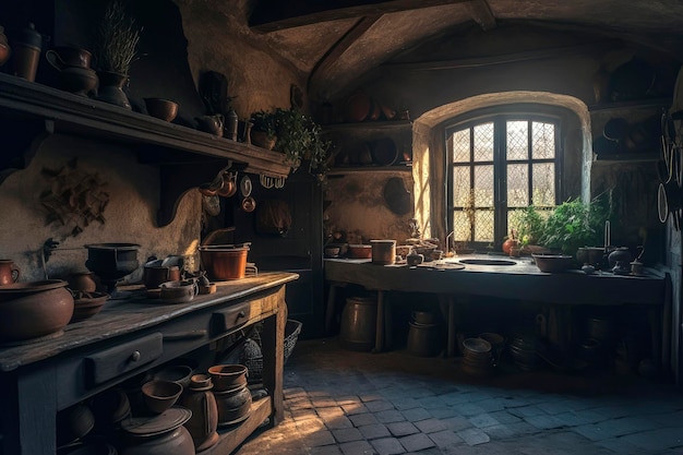 Illustrazione AI generativa di Old Kitchen con armadi in legno scuro e raggi di sole che entrano dalla finestra