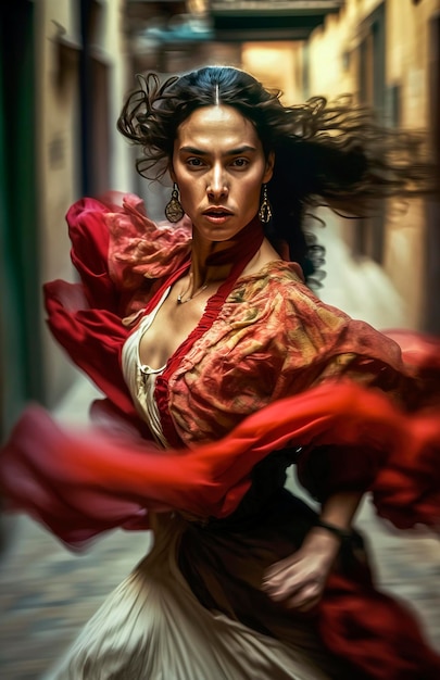 Illustrazione AI generativa di Ritratto di giovane ragazza in abito da flamenco
