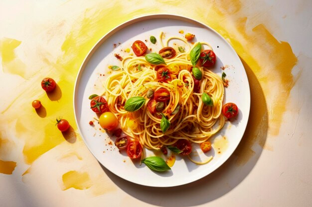 Illustrazione AI generativa di spaghetti fatti in casa con salsa di pomodoro e erbe aromatiche con luce solare e ombre cibo italiano