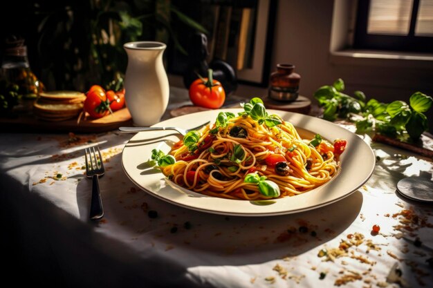 Illustrazione AI generativa di spaghetti fatti in casa con salsa di pomodoro e erbe aromatiche con luce solare e ombre cibo italiano