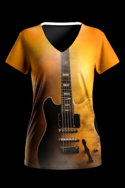 Illustrazione AI generativa di Tshirt con fondo oro vista dall'alto con immagine stampata sulla parte anteriore di una chitarra