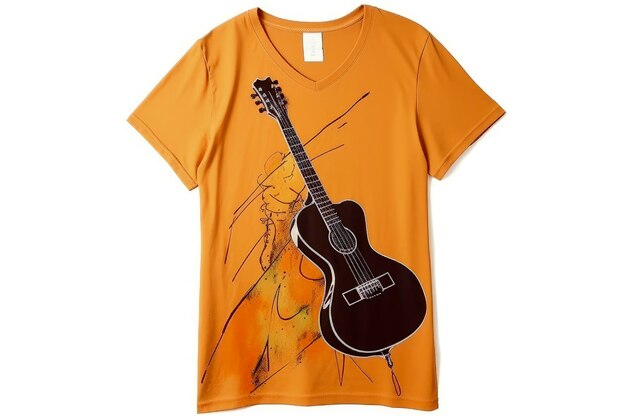 Illustrazione AI generativa di Tshirt con fondo oro vista dall'alto con immagine stampata sulla parte anteriore di una chitarra