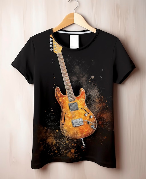 Illustrazione AI generativa di Tshirt con fondo oro vista dall'alto con immagine stampata sulla parte anteriore di una chitarra