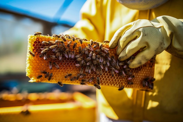 Illustrazione Ai generativa di un alveare curato da un apicoltore Concetto di cibo sano