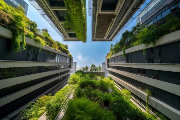 Illustrazione AI generativa di un edificio sostenibile con giardino verticale realizzato con materiale riciclato