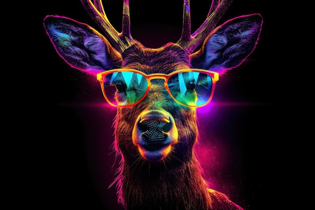 Illustrazione AI generativa di un personaggio di cervo realistico che indossa occhiali da sole e colori al neon