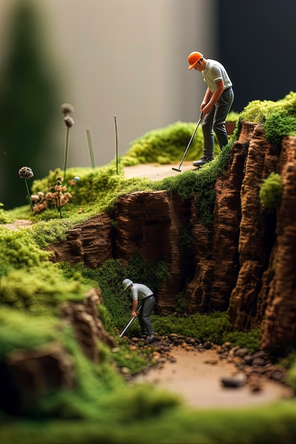 Illustrazione AI generativa di un piccolo gioco di golf su un campo in erba verdeArte digitale