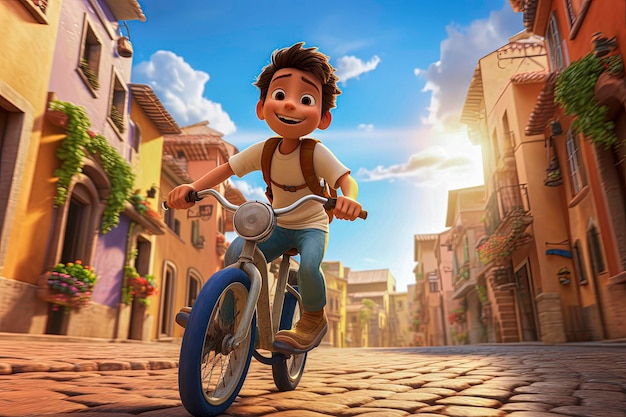 Illustrazione AI generativa di un ragazzo felice che va in bicicletta ad alta velocità per le strade di una città Illustrazione in stile cartone animato Arte digitale