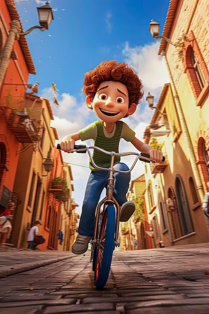 Illustrazione AI generativa di un ragazzo felice che va in bicicletta ad alta velocità per le strade di una città Illustrazione in stile cartone animato Arte digitale