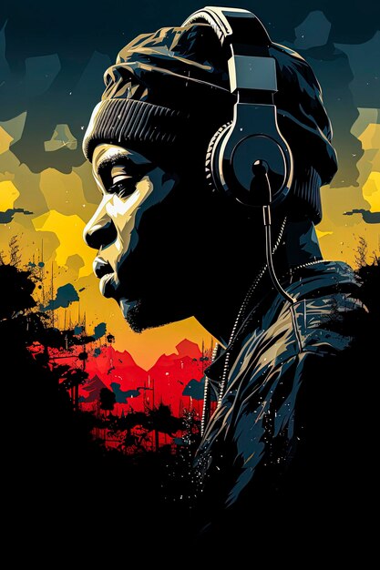 Illustrazione AI generativa di un ragazzo nero che ascolta musica hip hop con le cuffie in stile illustrazione vettoriale Arte digitale