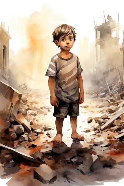 Illustrazione AI generativa di un ragazzo palestinese triste e piangente tra le rovine della città di Gerusalemme Stile di illustrazione Guerra d'Israele