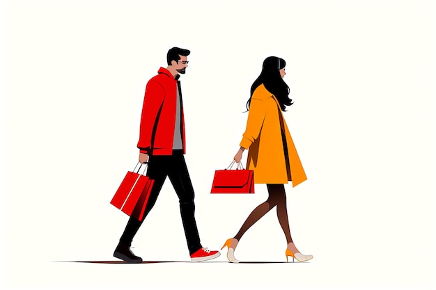 Illustrazione AI generativa di una bella coppia di shopping con borse in mano in stile vettoriale minimo Arte digitale