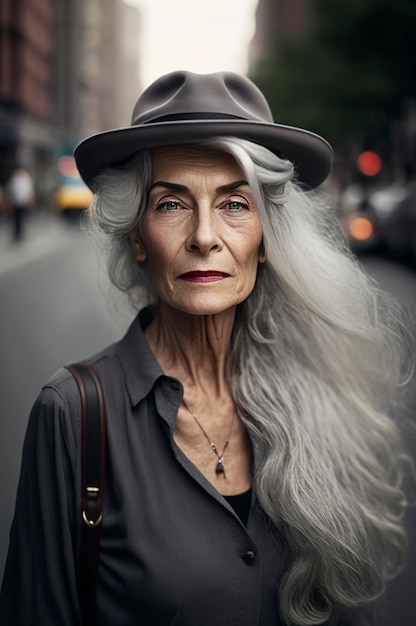 Illustrazione AI generativa di una bella donna di 60 anni con i capelli grigi per le strade di New York