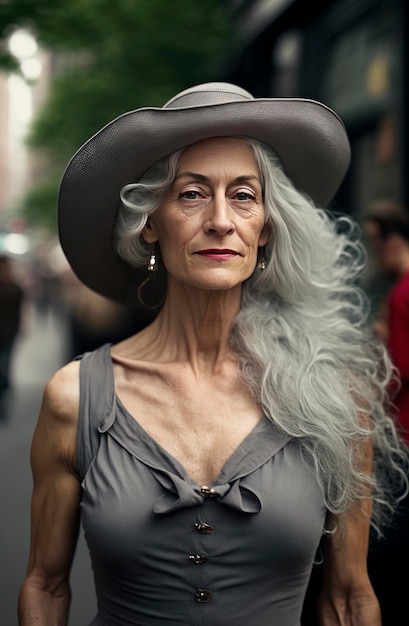 Illustrazione AI generativa di una bella donna di 60 anni con i capelli grigi per le strade di New York