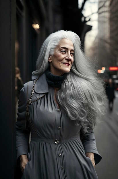 Illustrazione AI generativa di una bella donna di 60 anni con i capelli grigi per le strade di New York