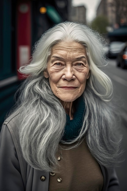 Illustrazione AI generativa di una bella donna di 60 anni con i capelli grigi per le strade di New York