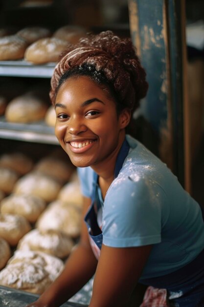 Illustrazione AI generativa di una bella donna di colore che lavora in un forno da panetteria