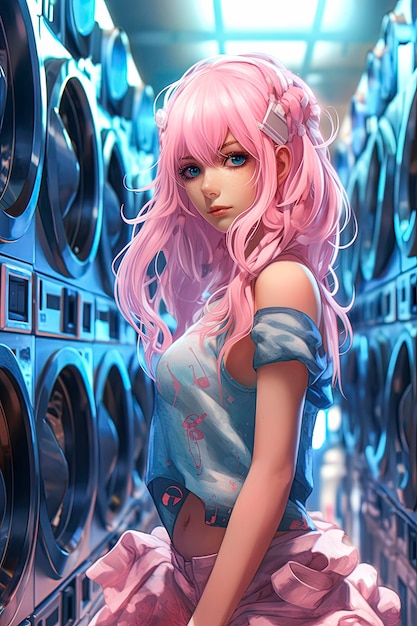 Illustrazione AI generativa di una bella ragazza con i capelli rosa in una lavanderia Stile manga cartoon Arte digitale