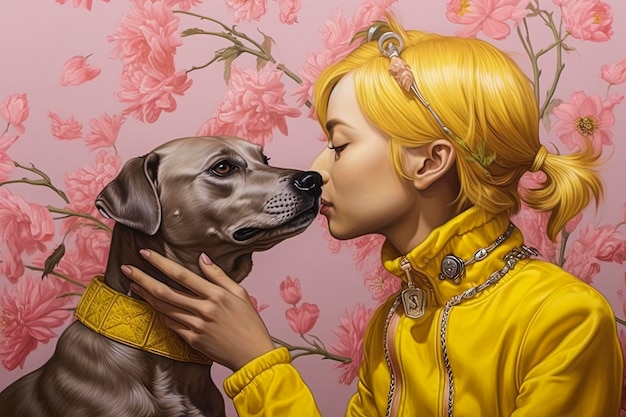 Illustrazione AI generativa di una bella ragazza con un cane circondata da fiori con sfondi colorati Stile illustrazione Arte digitale