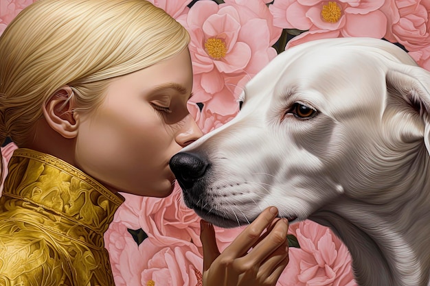 Illustrazione AI generativa di una bella ragazza con un cane circondata da fiori con sfondi colorati Stile illustrazione Arte digitale