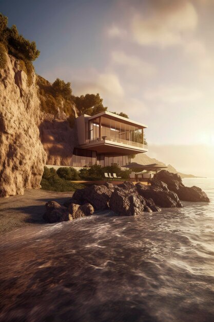 Illustrazione AI generativa di una casa di lusso di fronte al mare con terrazze in vetro e materiali riciclati
