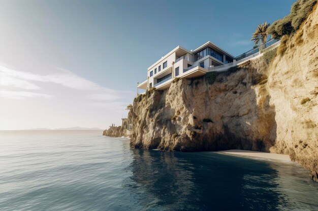 Illustrazione AI generativa di una casa di lusso di fronte al mare con terrazze in vetro e materiali riciclati