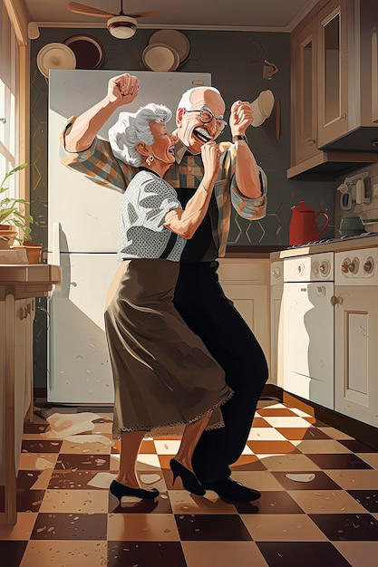 Illustrazione AI generativa di una coppia di anziani che ballano e si godono la vita in cucina