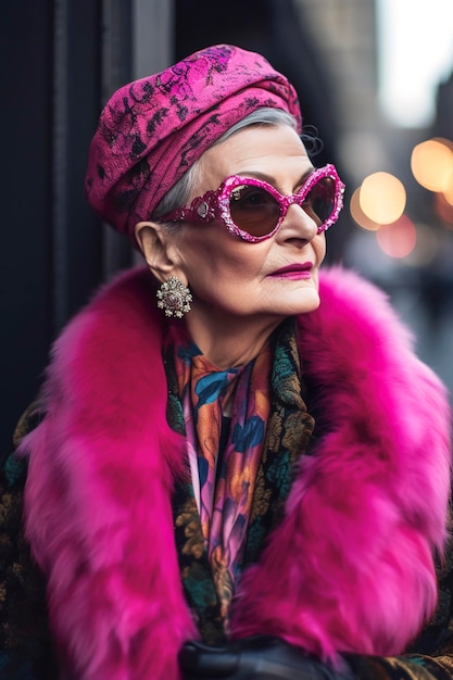 Illustrazione AI generativa di una donna caucasica di 60 anni vestita di haute couture che cammina per le strade di Parigi