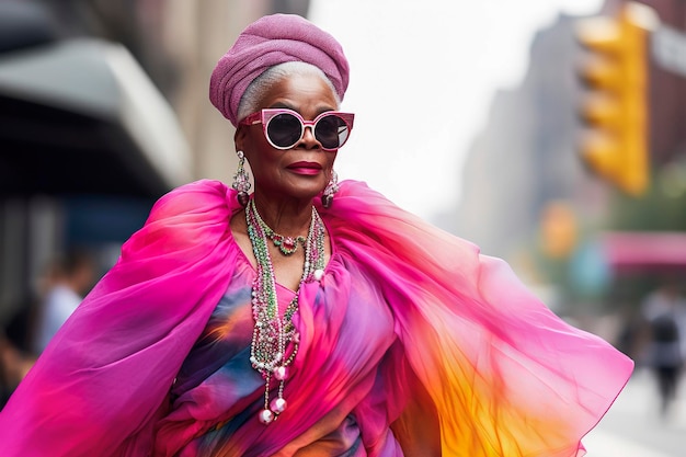Illustrazione AI generativa di una donna nera di 60 anni vestita di haute couture che cammina per le strade di Parigi