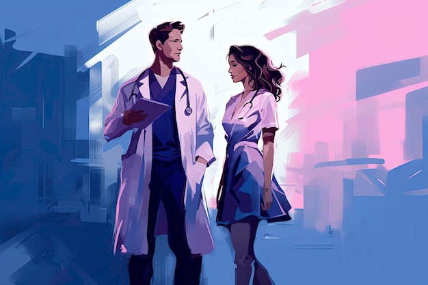 Illustrazione AI generativa di una giovane coppia medica vestita di camice bianco in stile illustrazione minimalistaArte digitale Concetto di salute