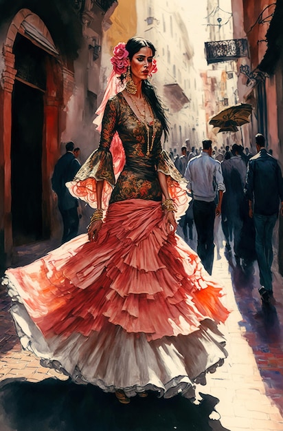 Illustrazione AI generativa di una giovane donna che balla il flamenco